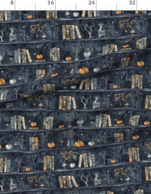 Fabric in Dark Blue Halloween Pumpkins and Vases on Vintage Bookcase Fabric