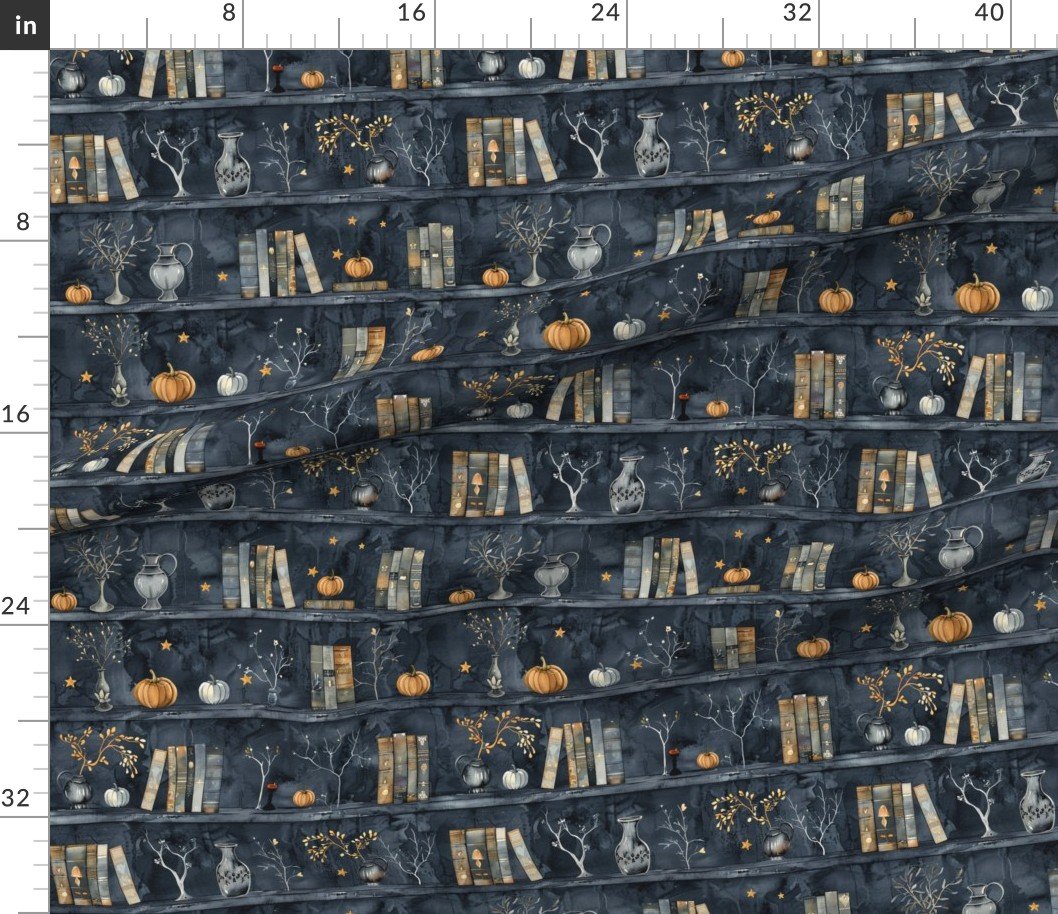 Fabric in Dark Blue Halloween Pumpkins and Vases on Vintage Bookcase Fabric Fabric in Dark Blue Halloween Pumpkins and Vases on Vintage Bookcase Fabric