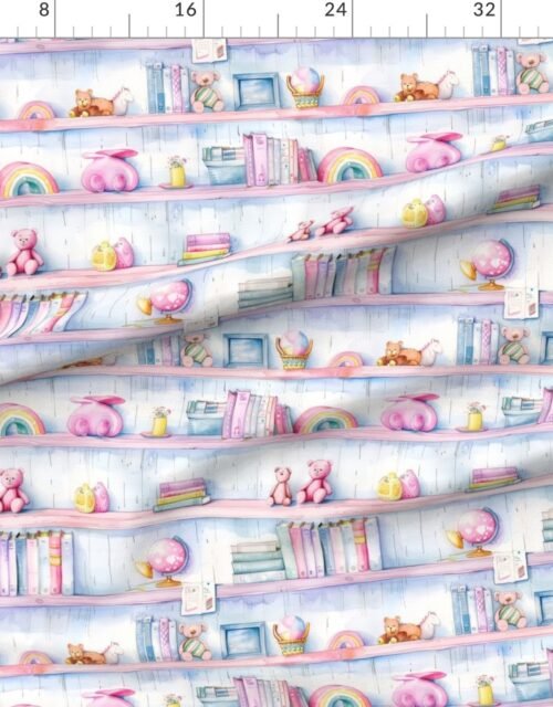 Fabric in Pastel Rainbow Bookcase with Children's Toys in Watercolor Fabric