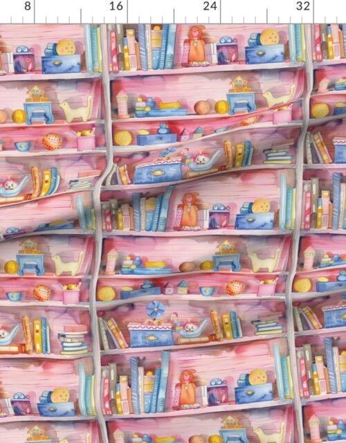 Fabric in Vibrant Watercolor Bookcase with Children's Toys and Books Fabric