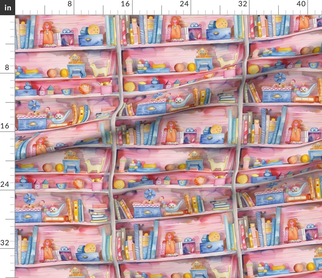 Fabric in Vibrant Watercolor Bookcase with Children’s Toys and Books Fabric Fabric in Vibrant Watercolor Bookcase with Children's Toys and Books Fabric