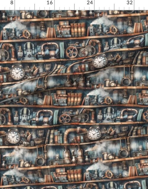 Fabric in Steampunk Bookcase with Gears and Vintage Machinery in Watercolor Fabric