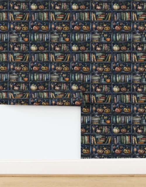 Dark Halloween Bookcase with Jack-O'-Lanterns and Spooky Books Wallpaper