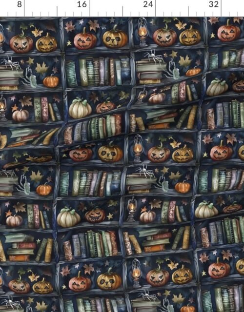 Fabric in Dark Halloween Bookcase with Jack-O'-Lanterns and Spooky Books Fabric