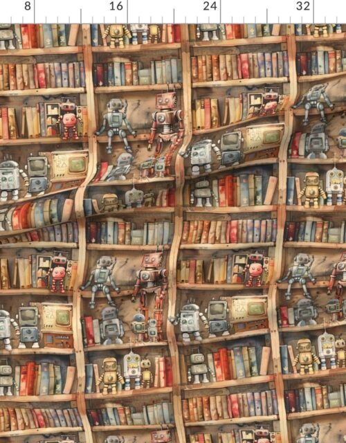 Fabric in Vintage Bookcase with Retro Robots and Books in Watercolor Fabric