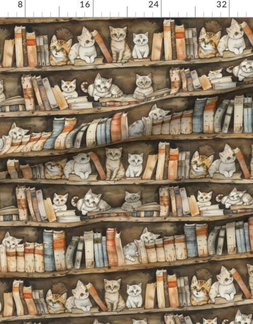 Fabric in Vintage Bookcase with Playful Kittens and Old Books in Watercolor Fabric