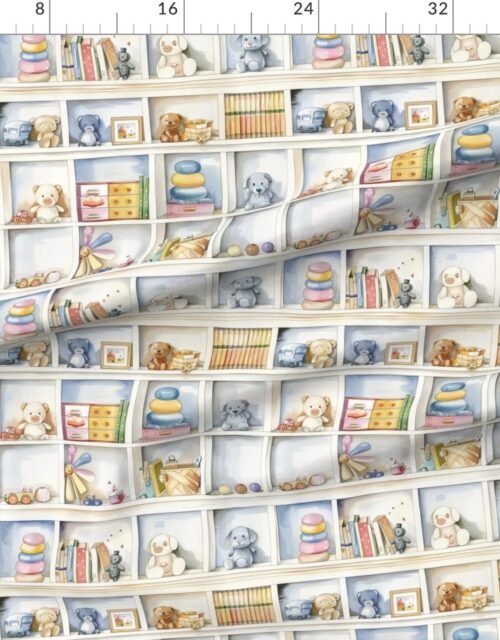 Fabric in Pastel Bookcase with Teddy Bears and Children's Toys in Watercolor Fabric