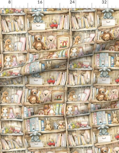 Fabric in Vintage Bookcase with Teddy Bears and Toys for Kids' Room in Watercolor Fabric