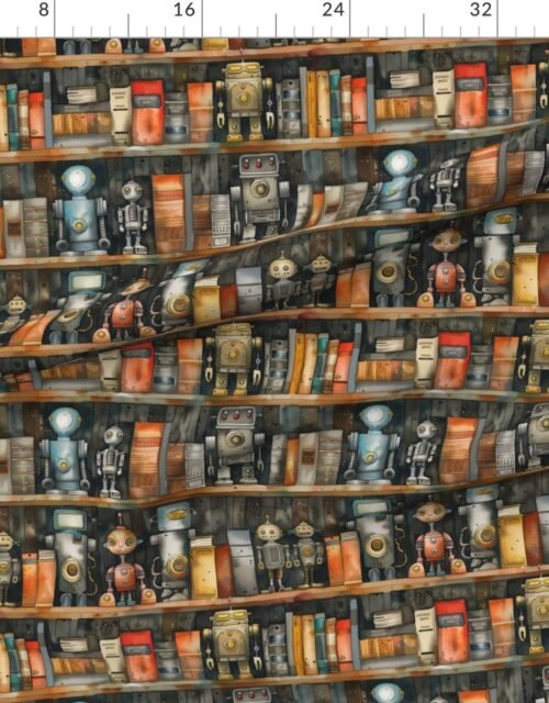 Fabric in Vintage Bookcase with Retro Robots and Books for Kids' Room in Watercolor Fabric
