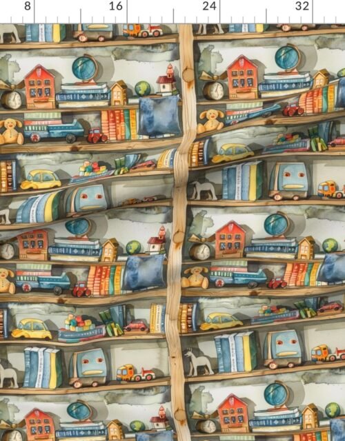 Fabric in Vintage Toy Cars and Trains on Bookcase in Watercolor Fabric