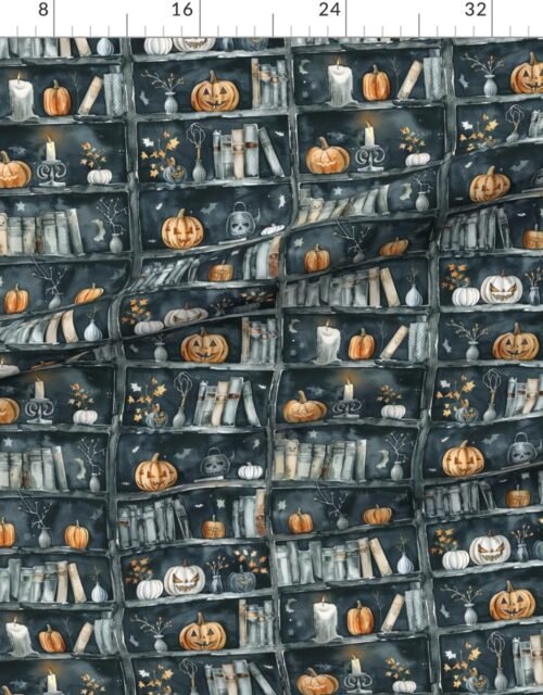 Fabric in Dark Halloween Bookcase with Pumpkins and Candles in Watercolor Fabric