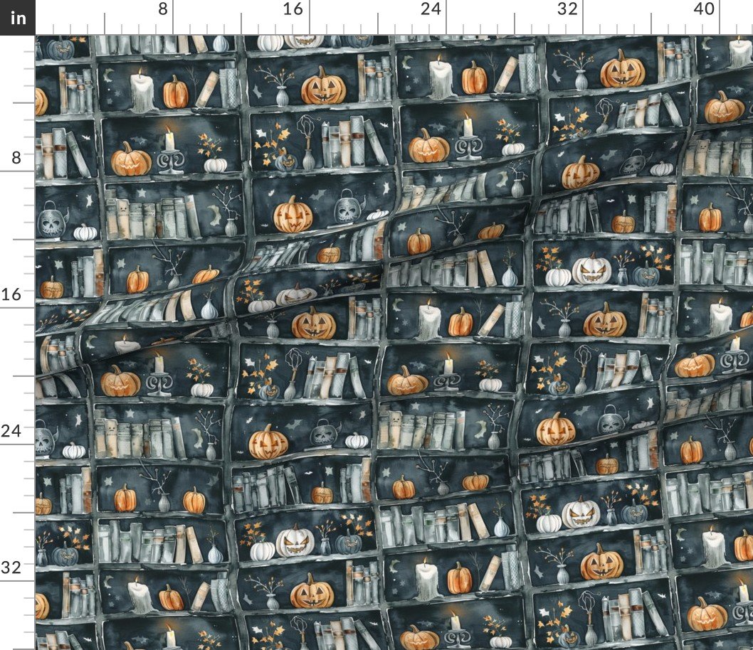 Fabric in Dark Halloween Bookcase with Pumpkins and Candles in Watercolor Fabric Fabric in Dark Halloween Bookcase with Pumpkins and Candles in Watercolor Fabric