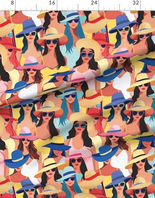 Fabric in Women at the Beach in Summer in Sunhats and Suits Large Scale Bright Fabric