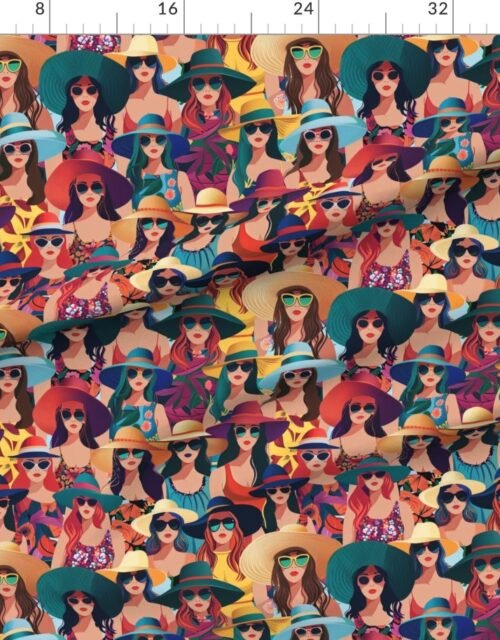 Fabric in Women at the Beach in Summer in Sunhats and Suits Large Scale Dark Fabric