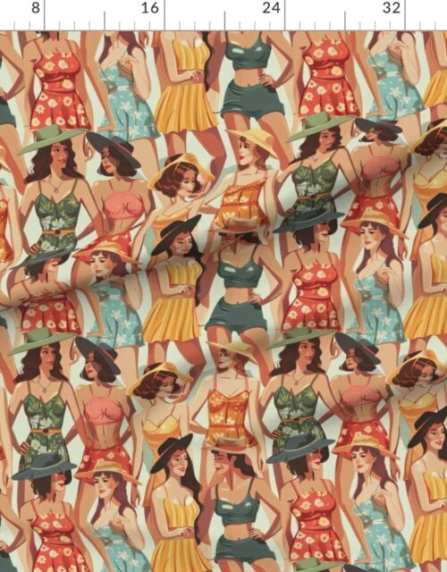 Fabric in Vintage Women at the Beach in Summer in Sunhats and Suits Large Scale Fabric