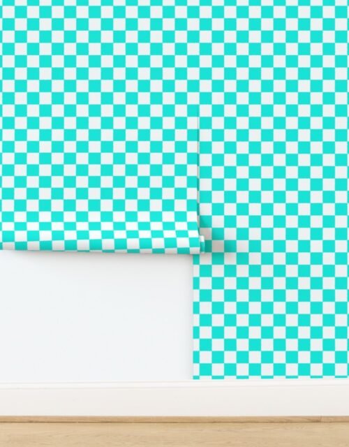 Tumble Edged Aqua Blue and White Checkerboard Squares Wallpaper
