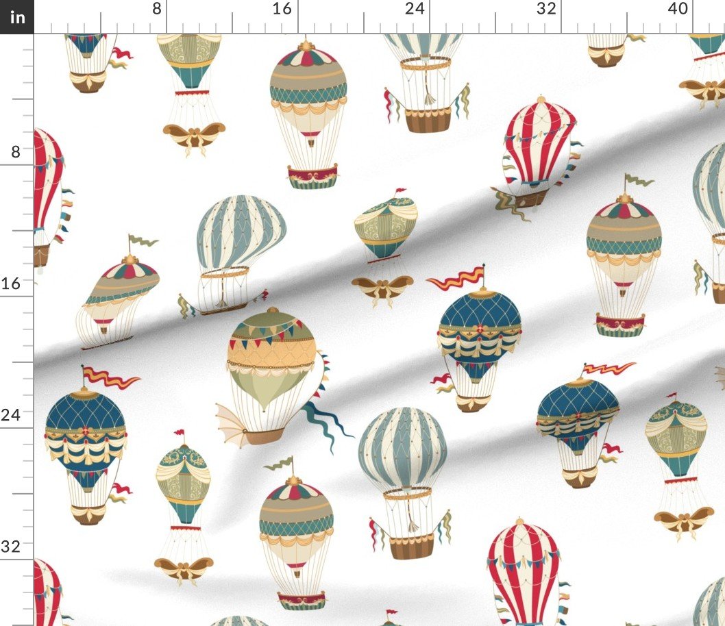 Fabric in Small Festooned Hot Air Balloons on White Fabric Fabric in Small Festooned Hot Air Balloons on White Fabric