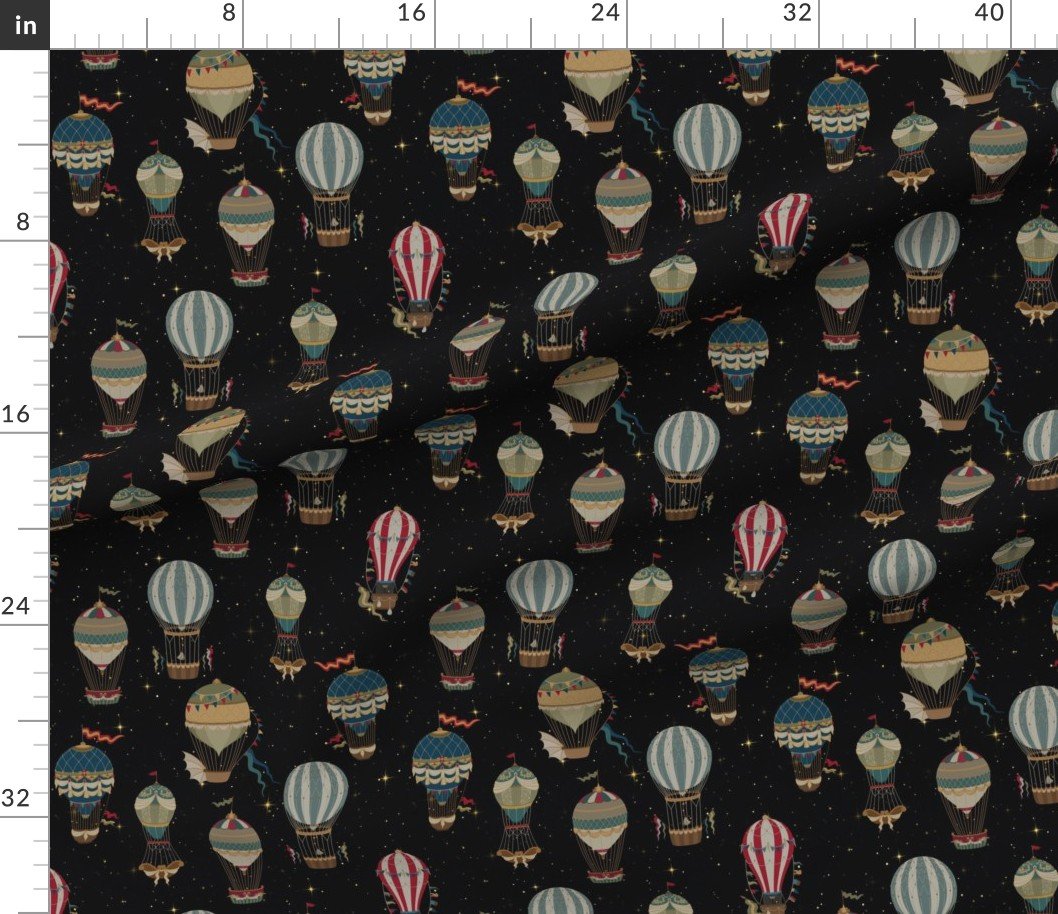 Fabric in Small Vintage Ornamental Winged Hot Air Helium Balloons Bright Blue Starry Fabric Fabric in Small Vintage Ornamental Winged Hot Air Helium Balloons Bright Blue Starry Fabric