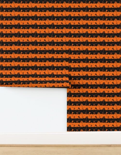 Dark Pumpkin Orange and Black Halloween Cabana Stripes Wallpaper
