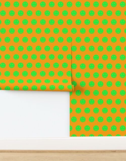 Neon Green Smiley Faces on Bright Orange Background Wallpaper