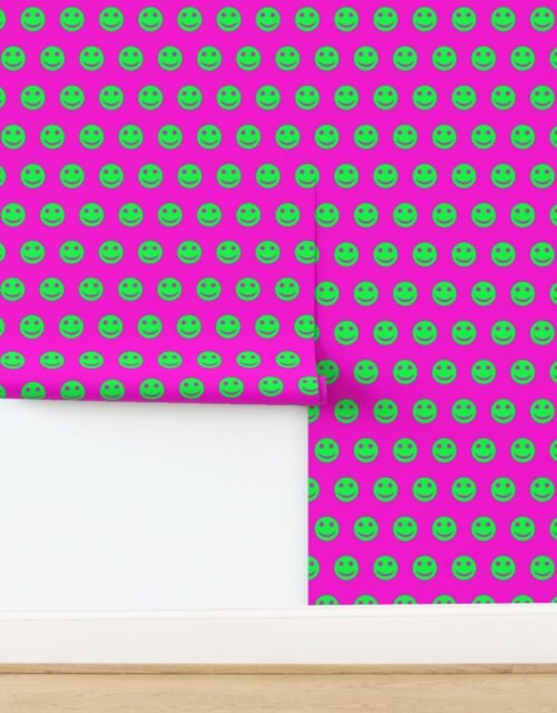 Neon Green Smiley Faces on Vibrant Magenta Background Wallpaper