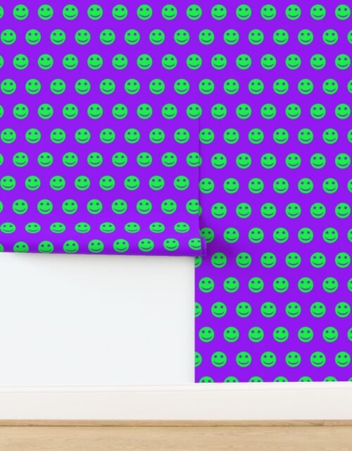 Neon Green Smiley Faces on Electric Purple Background Wallpaper