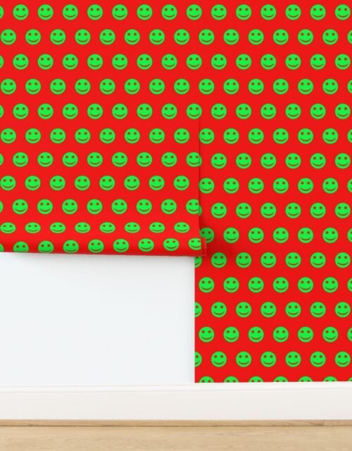 Neon Green Smiley Faces on Bold Red Background Wallpaper