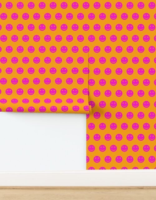 Neon Pink Smiley Faces on Vibrant Orange Background Wallpaper
