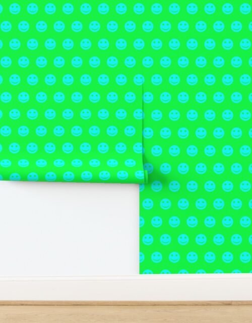 Neon Aqua Smiley Faces on Bright Green Background Wallpaper