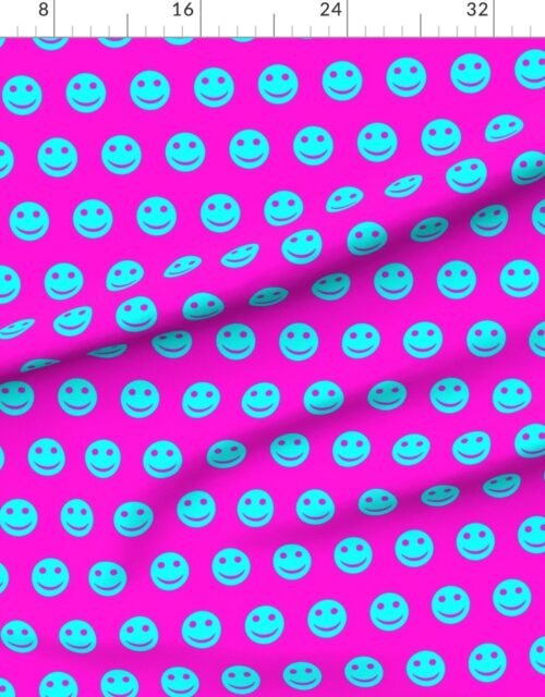 Neon Aqua Smiley Faces on Vibrant Pink Background