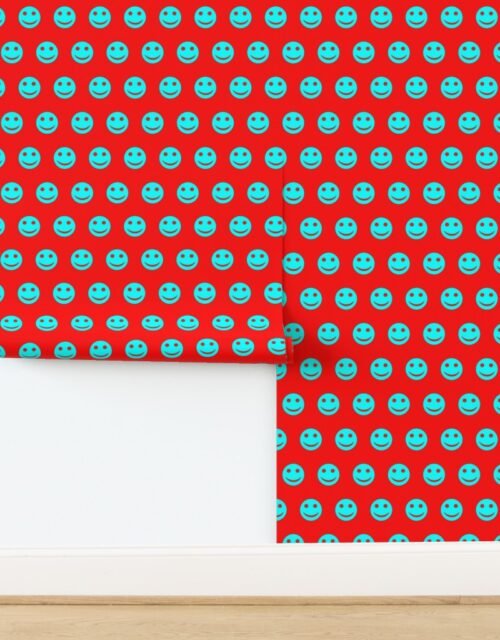 Neon Aqua Smiley Faces on Bold Red Background Wallpaper