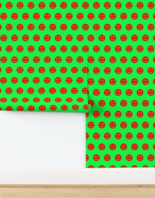 Red Smiley Faces on Bright Green Background Wallpaper