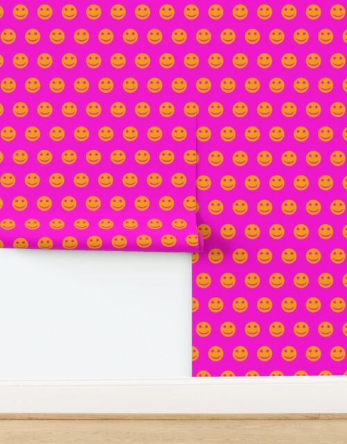 Orange Smiley Faces on Vibrant Pink Background Wallpaper