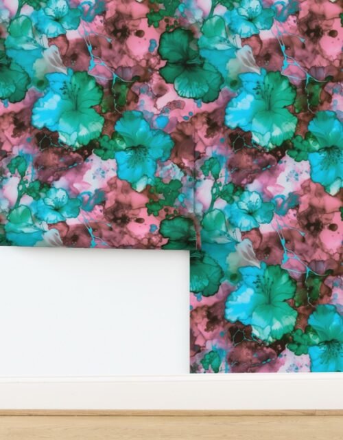 Hawaiian Alcohol Ink Hibiscus Print in Aqua Green Wallpaper
