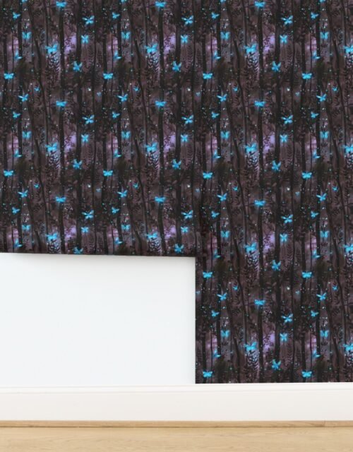 Aqua Fireflies and Butterflies in a Mystical Forest Wallpaper