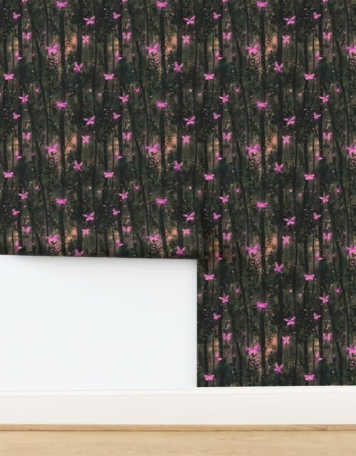Pink Fireflies and Butterflies in a Mystical Forest Wallpaper
