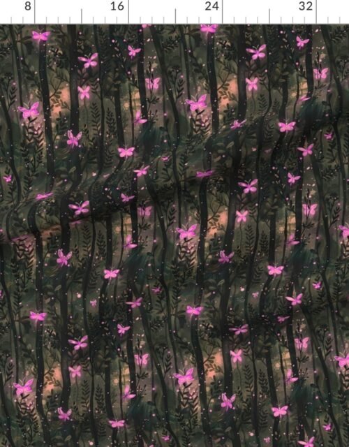 Fabric in Pink Fireflies and Butterflies in a Mystical Forest Fabric