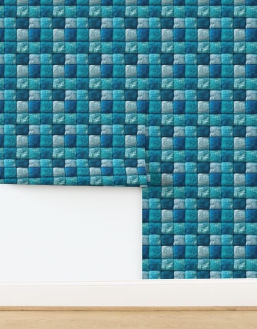 Small Aqua Blue Faux Fur Patchwork Fabric - Luxurious Plush Texture Wallpaper