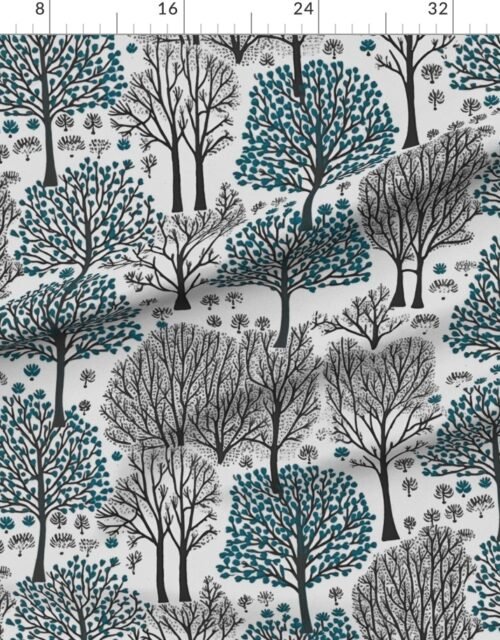 Fabric in New England Endless Forest Bare Trees in Teal and Winter Gray Fabric