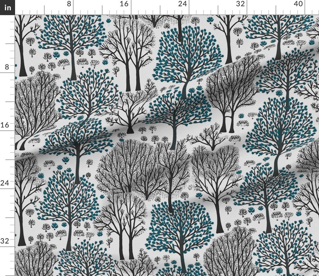 Fabric in New England Endless Forest Bare Trees in Teal and Winter Gray Fabric Fabric in New England Endless Forest Bare Trees in Teal and Winter Gray Fabric
