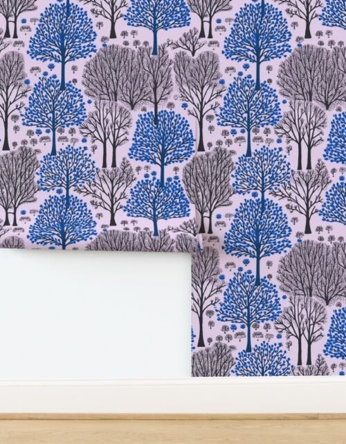 New England Endless Forest Bare Trees in Deep Blue Winter Gray on Soft Pink Wallpaper