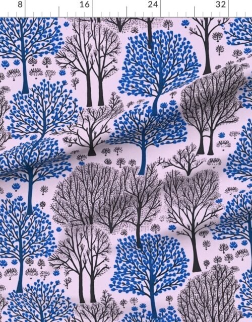 Fabric in New England Endless Forest Bare Trees in Deep Blue Winter Gray on Soft Pink Fabric