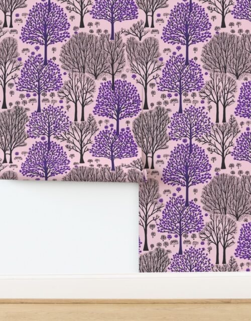 New England Endless Forest Bare Trees Purple and Winter Gray on Soft Pink Wallpaper