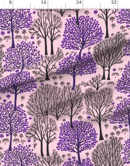 Fabric in New England Endless Forest Bare Trees Purple and Winter Gray on Soft Pink Fabric