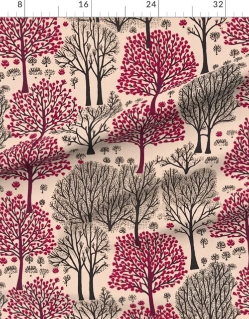 Fabric in New England Endless Forest Trees in Burgundy and Winter Gray on Light Beige Fabric