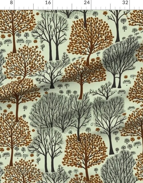 Fabric in New England Endless Forest Trees Warm Brown and Winter Gray on Pale Green Fabric