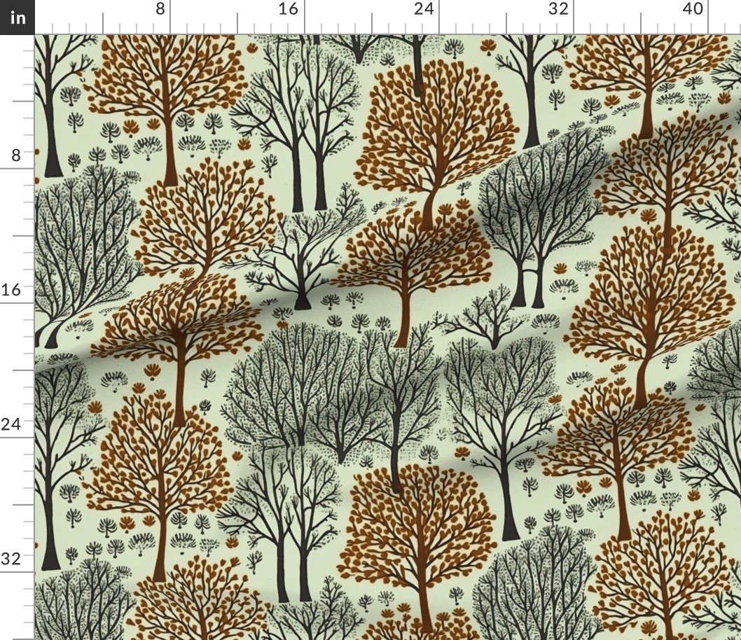 Fabric in New England Endless Forest Trees Warm Brown and Winter Gray on Pale Green Fabric Fabric in New England Endless Forest Trees Warm Brown and Winter Gray on Pale Green Fabric