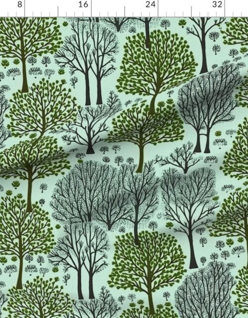 Fabric in New England Endless Forest Trees in Forest Green and Winter Gray on Mint Fabric