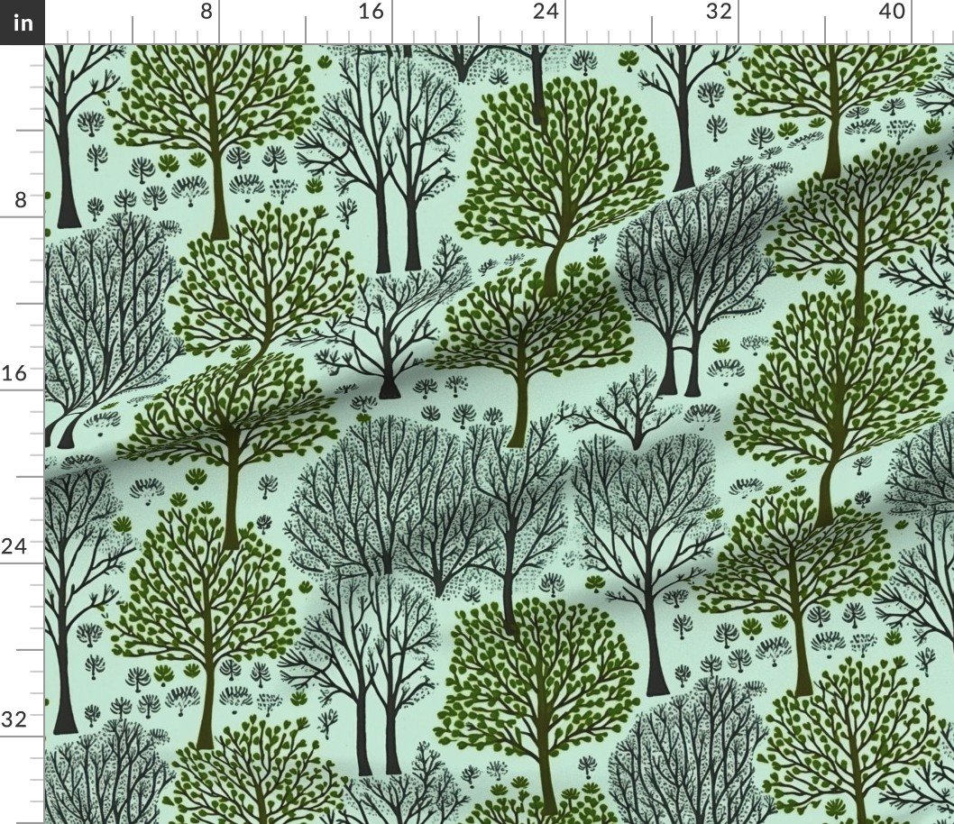 Fabric in New England Endless Forest Trees in Forest Green and Winter Gray on Mint Fabric Fabric in New England Endless Forest Trees in Forest Green and Winter Gray on Mint Fabric