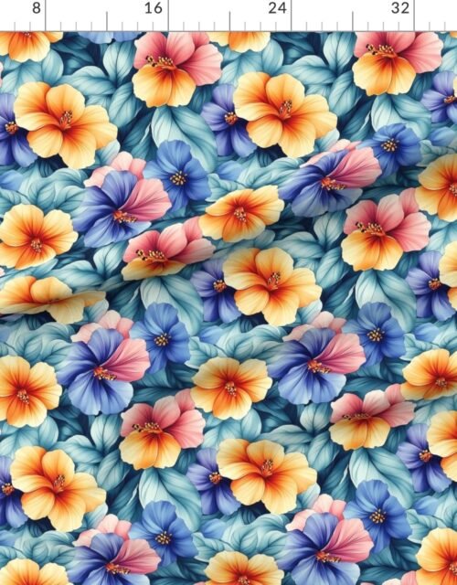 Fabric in Vintage Hawaiian Watercolor with Bright Orange and Blue Hibiscus Blooms Fabric